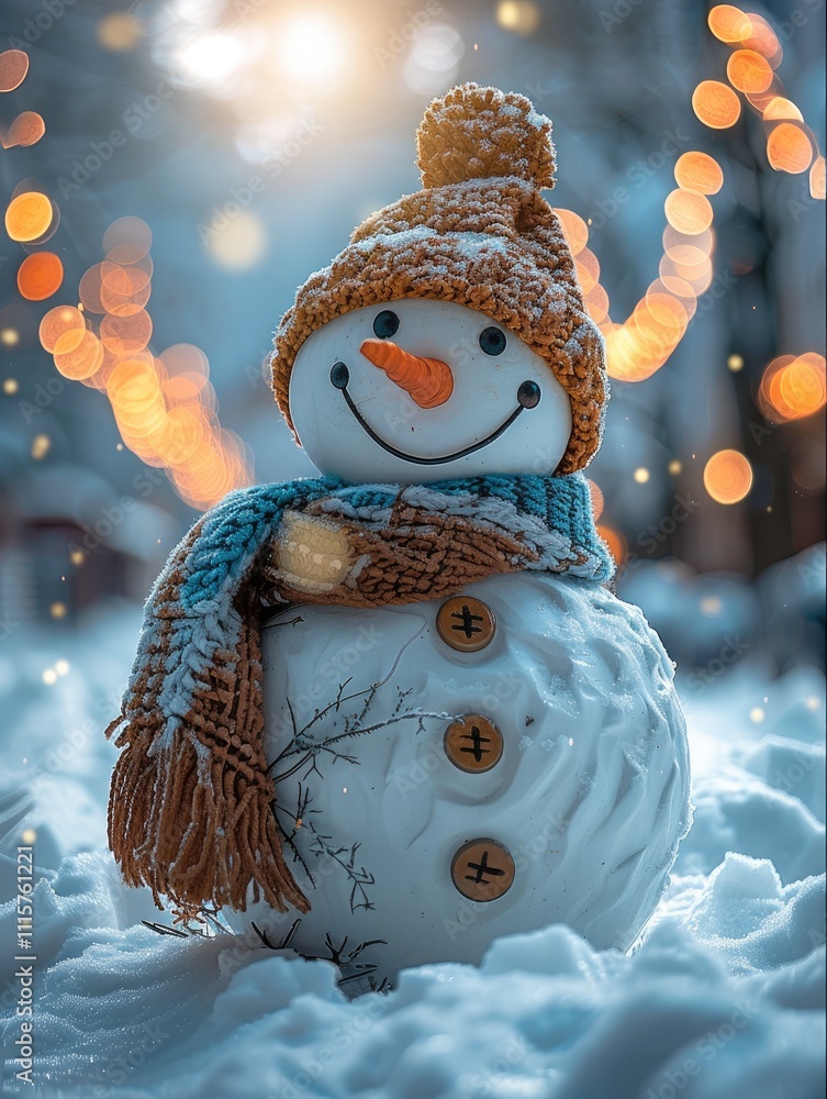 Poster A happy snowman on a winter background with copy space and a bokeh effect.
