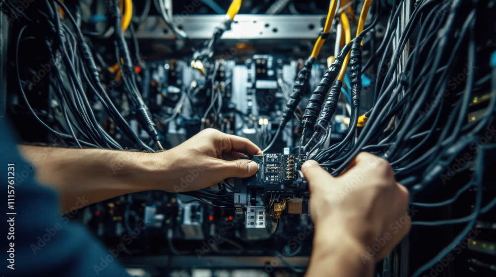 Poster hands of worker connecting cables in network server, showcasing intricate wiring and technology. foc
