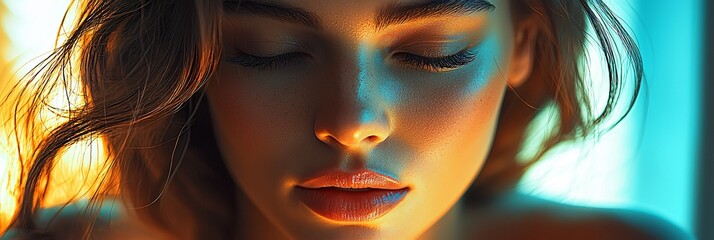 Obraz premium Young woman with closed eyes reflecting calmness in softly lit space with colorful backdrop