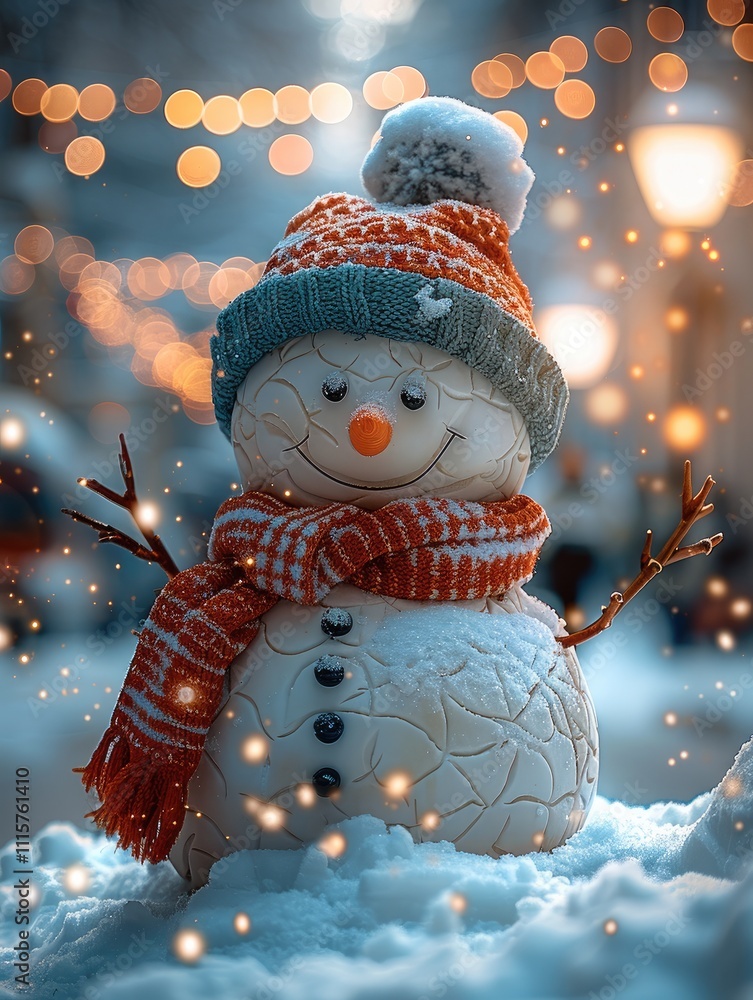 Poster A happy snowman on a winter background with copy space and a bokeh effect.