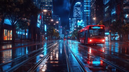 Fototapeta premium Night Cityscape with Red Bus