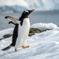 Obraz premium Gentoo penguin stands in snow raising flipper