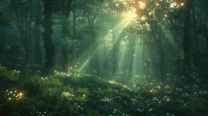 A forest with sunlight shining through the trees