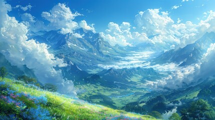 A beautiful mountain landscape with a blue sky and clouds