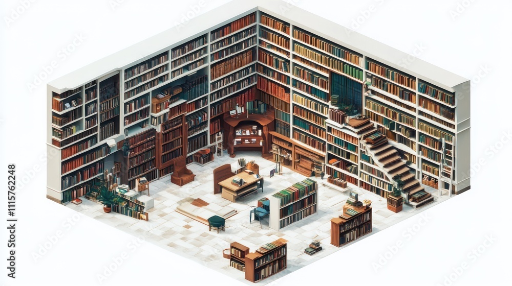 Poster isometric view of a large and impressive library