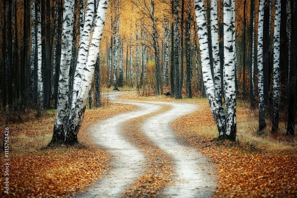 Wall mural Divergent Paths in Bavarian Countryside: Beautiful Birch Trees in Spring Woodland Landscape