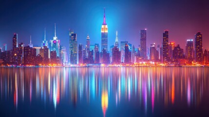 Fototapeta premium A vibrant cityscape with skyscrapers illuminated at night, reflecting in a calm body of water.