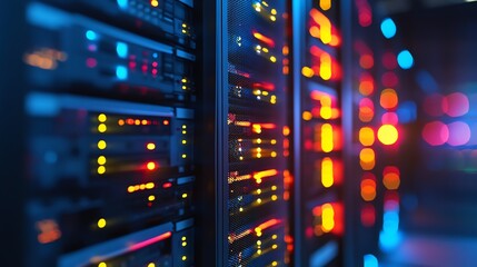 Naklejka premium A server room with many servers and colorful lights.