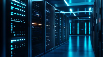Fototapeta premium A server room with many servers and blue lights.