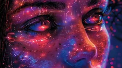 Close-up of a woman's face with glowing circuit patterns.