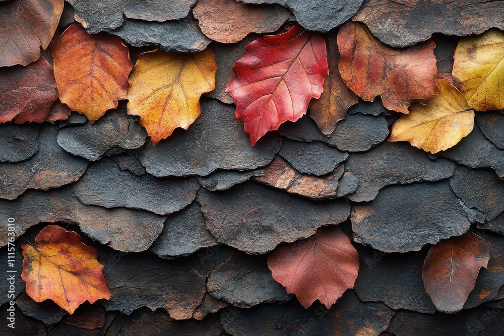 Poster Vibrant Autumn Leaves on Dark Slate Background Creating a Beautiful Natural Pattern Showcasing Rich Colors of Fall in a Rustic and Textured Composition