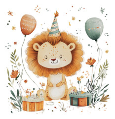 Happy lion's birthday with balloons!, cut out - stock png.