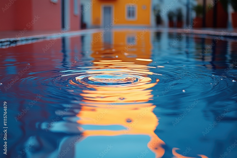 Poster tranquil reflection in swimming pool with rippling water capturing vibrant colors of surrounding arc