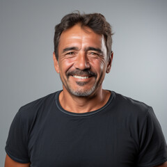 Obraz premium Portrait of a Happy Man Smiling Under Studio Lights. Bright expression and positive energy . Perfect for concepts of joy, confidence, and optimism.