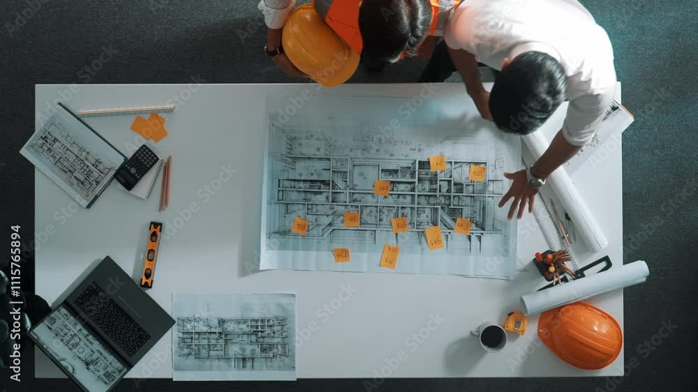 Poster top down view of smart architect engineer place document at meeting table with safety helmet and pla