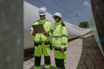 Maintenance engineer team standing at windmills at wind turbine farm. Skill people working outdoors at alternative renewable energy wind power station. Sustainable clean energy technology. Ecology