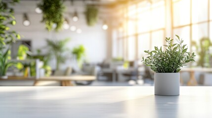 modern empty white PVC table top is showcased in bright, blurred office environment filled with greenery and natural light, creating serene and inviting atmosphere.