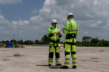 Maintenance engineer team standing at windmills at wind turbine farm. Skill people working outdoors at alternative renewable energy wind power station. Sustainable clean energy technology. Ecology