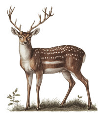 Obraz premium Beautiful spotted deer standing on green grass, cut out - stock png.