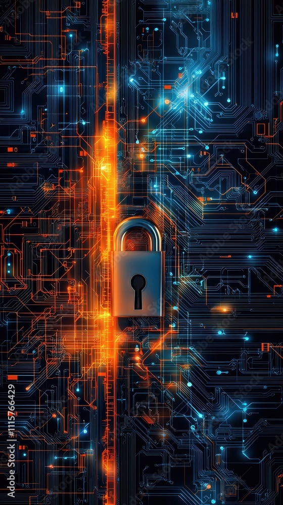 Poster abstract digital background with a lock symbolizing cybersecurity, data protection, and technology s