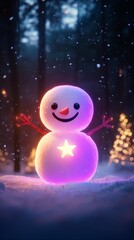Fototapeta premium A glowing neon snowman in a winter, surrounded by glowing Christmas trees and sparkling snowflakes