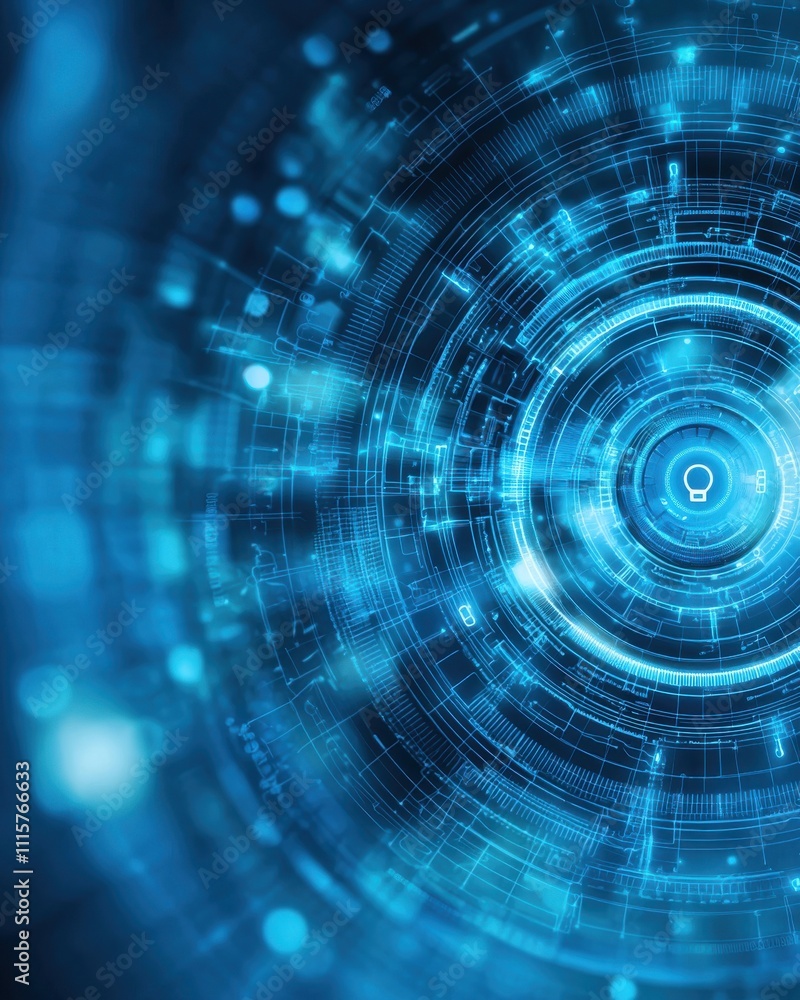 Poster futuristic abstract digital background with circular patterns, bright blue lights, and technological