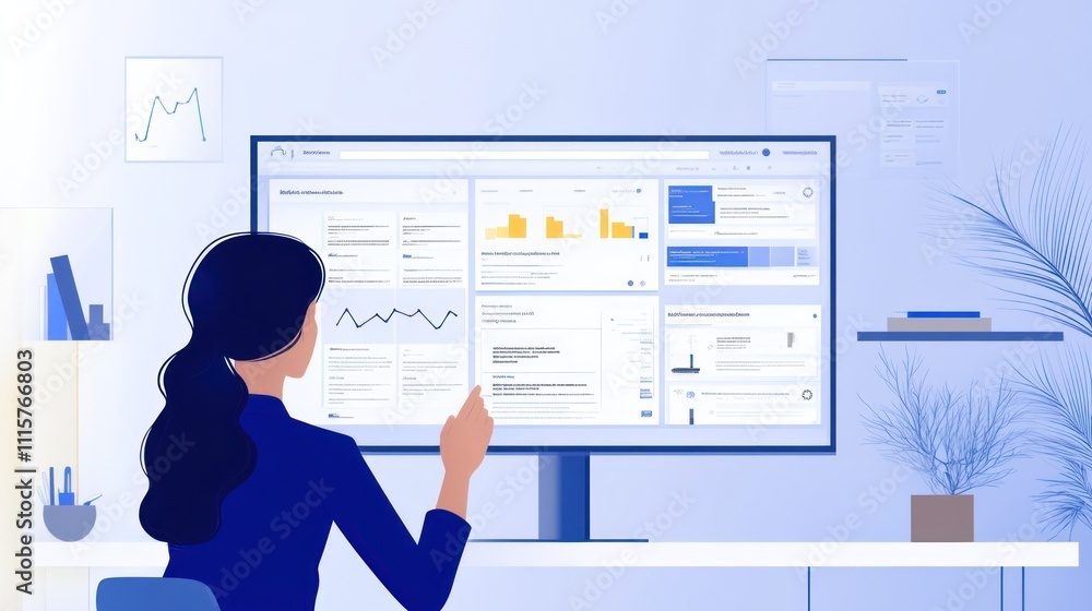 Poster woman analyzing data on a large computer screen