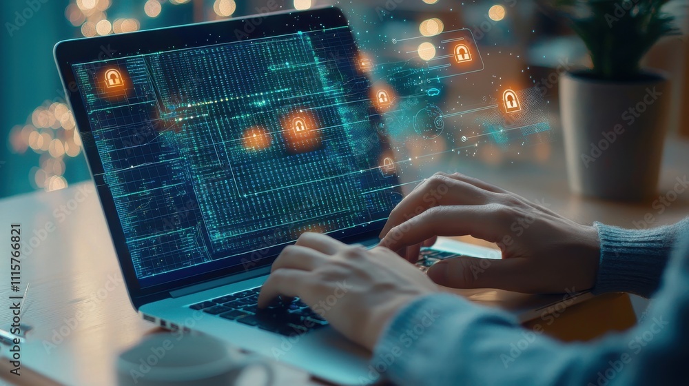 Poster person typing on laptop with digital security graphics and lock icons representing data protection a