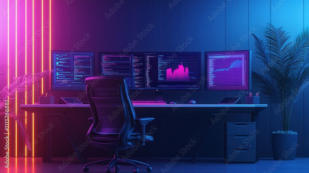 Poster futuristic office workspace with multiple monitors and vibrant neon lighting showcasing data visuali