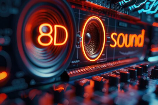 speaker illuminated by neon orange lighting with the text 8D sound, symbolizing advanced music technologies and immersive audio experiences