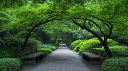A serene garden pathway flanked by lush greenery and wooden benches invites relaxation and contemplation, Ideal for nature themes, meditation, wellness, or promoting outdoor lifestyles,