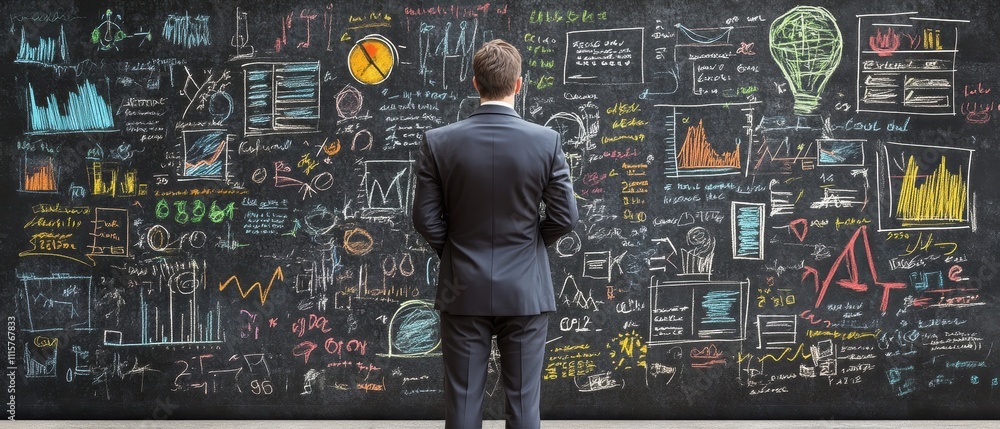 Poster businessman standing in front of chalkboard full of data visualizations