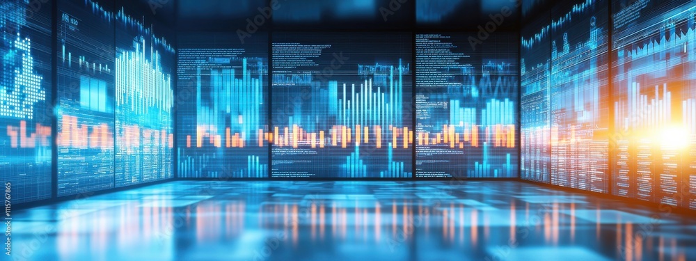 Poster modern data visualization room with interactive graphs and digital displays showcasing financial ana