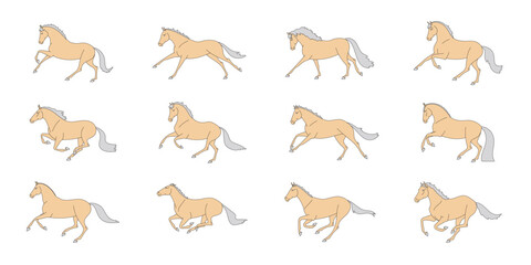 Collection of horse lineart illustrations in various poses, depicting movement and anatomy