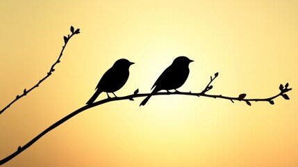 Two Birds Silhouetted on a Branch at Sunset