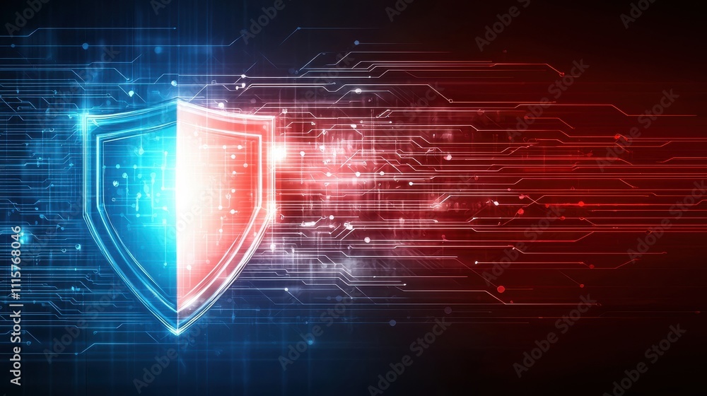 Poster futuristic cybersecurity shield with digital effects representing data protection and network securi