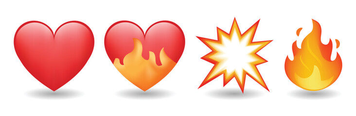 Flash, heart on fire and flame vector emoji illustration isolated on white background. 3d illustration