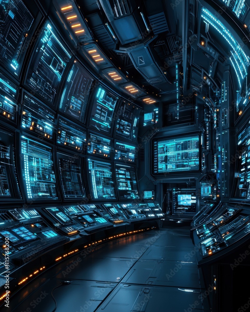 Aufkleber futuristic control room with glowing panels and monitors integrating advanced technology in a sci-fi