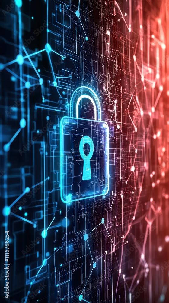 Poster futuristic digital lock symbol representing cybersecurity and data protection in a high-tech global 