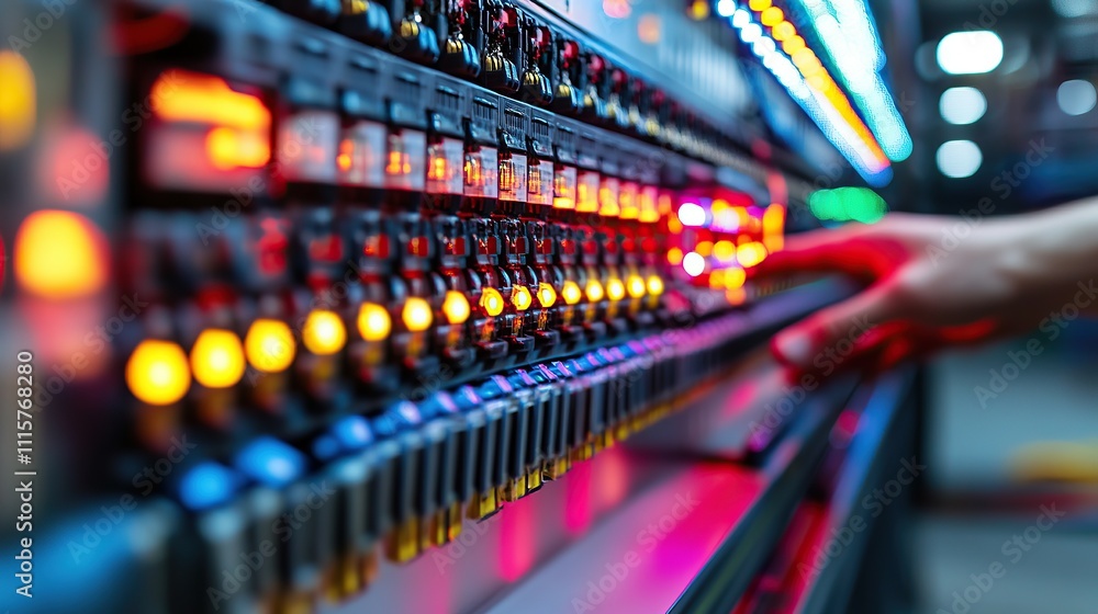Poster control panel with illuminated buttons and switches in a technical setting.