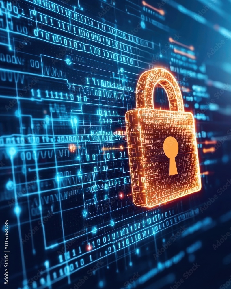 Poster digital security concept with a glowing lock symbolizing protection against cyber threats and data b