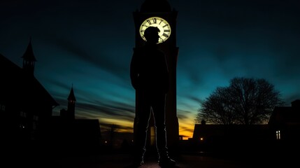 Silhouette of a Man Standing in Front of a Clock Tower