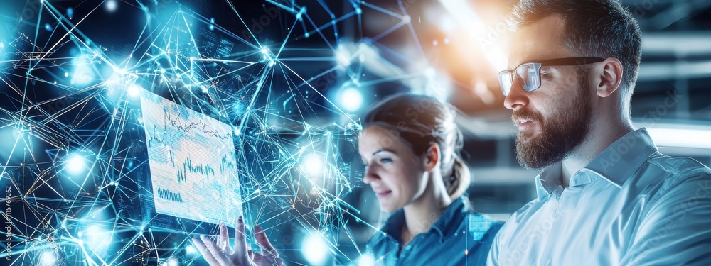 Poster professionals analyzing data trends and making informed decisions with futuristic technology and dyn