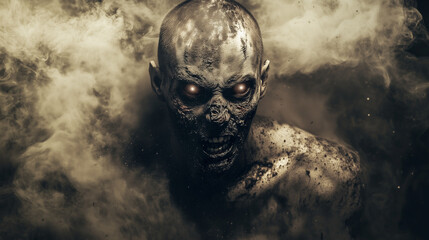 Terrifying Undead: Dust-Covered Zombie Close-Up