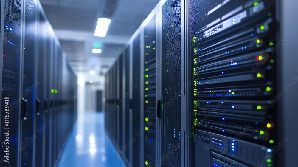 Poster a server room with rows of servers.