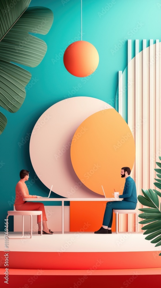 Aufkleber creative workspace with diverse professionals collaborating in a colorful modern setting featuring g