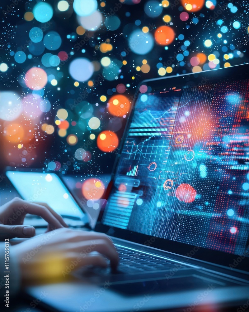 Poster dynamic data analysis in a dark environment with bokeh lights, showcasing technology, digital interf