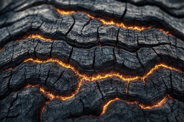 Fototapeta premium Detailed Close-Up of Charred Wood Surface Showing Cracked Texture and Subtle Glowing Embers in a Dramatic Background of Fiery Orange Glow
