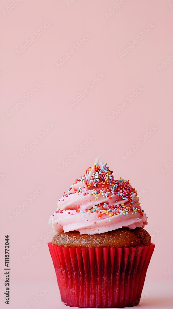 Poster a close-up of a decadent cupcake with frosting and sprinkles, placed against a light-colored backgro