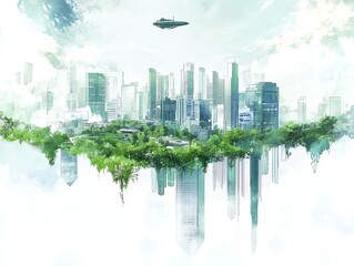 Obraz premium Surreal cityscape floating on clouds, with a UFO overhead. A blend of urban and nature, representing futuristic technology and environmental harmony.